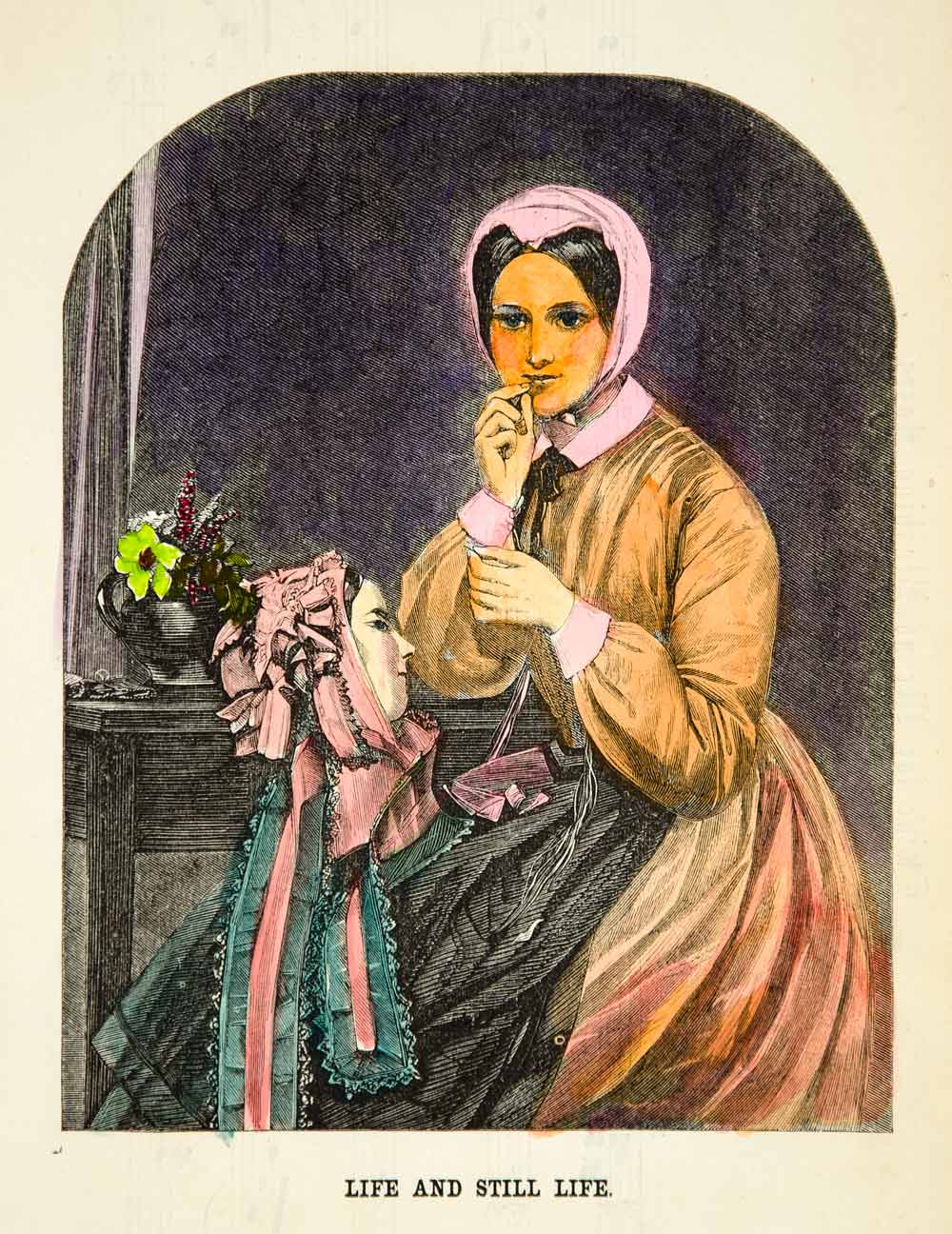 1862 Wood Engraving Victorian Mother Girl Fashion Godey's Hand Tinted YGLB1