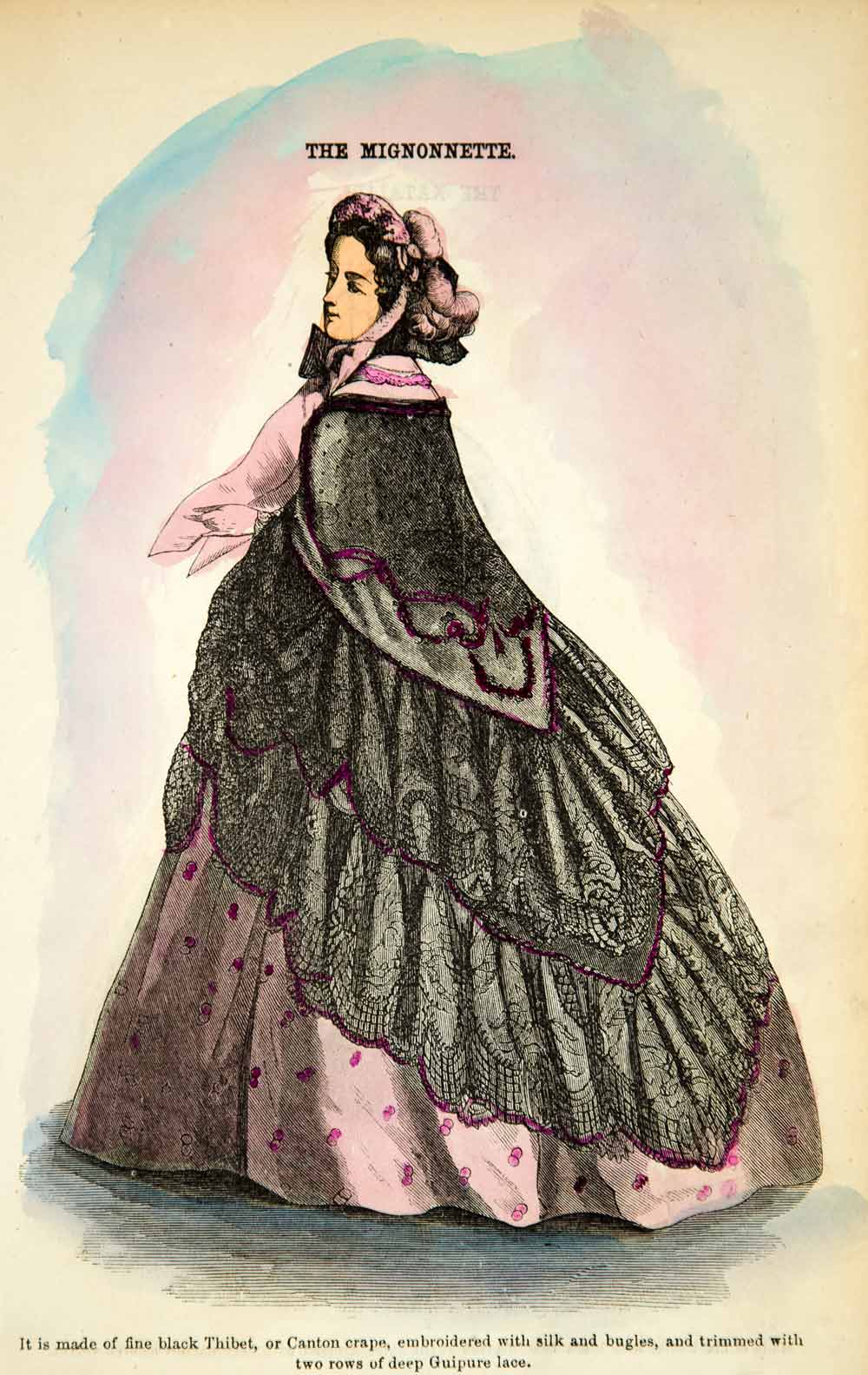 1862 Wood Engraving Victorian Mignonnette Shawl Godeys Fashion Plate Hand YGLB1