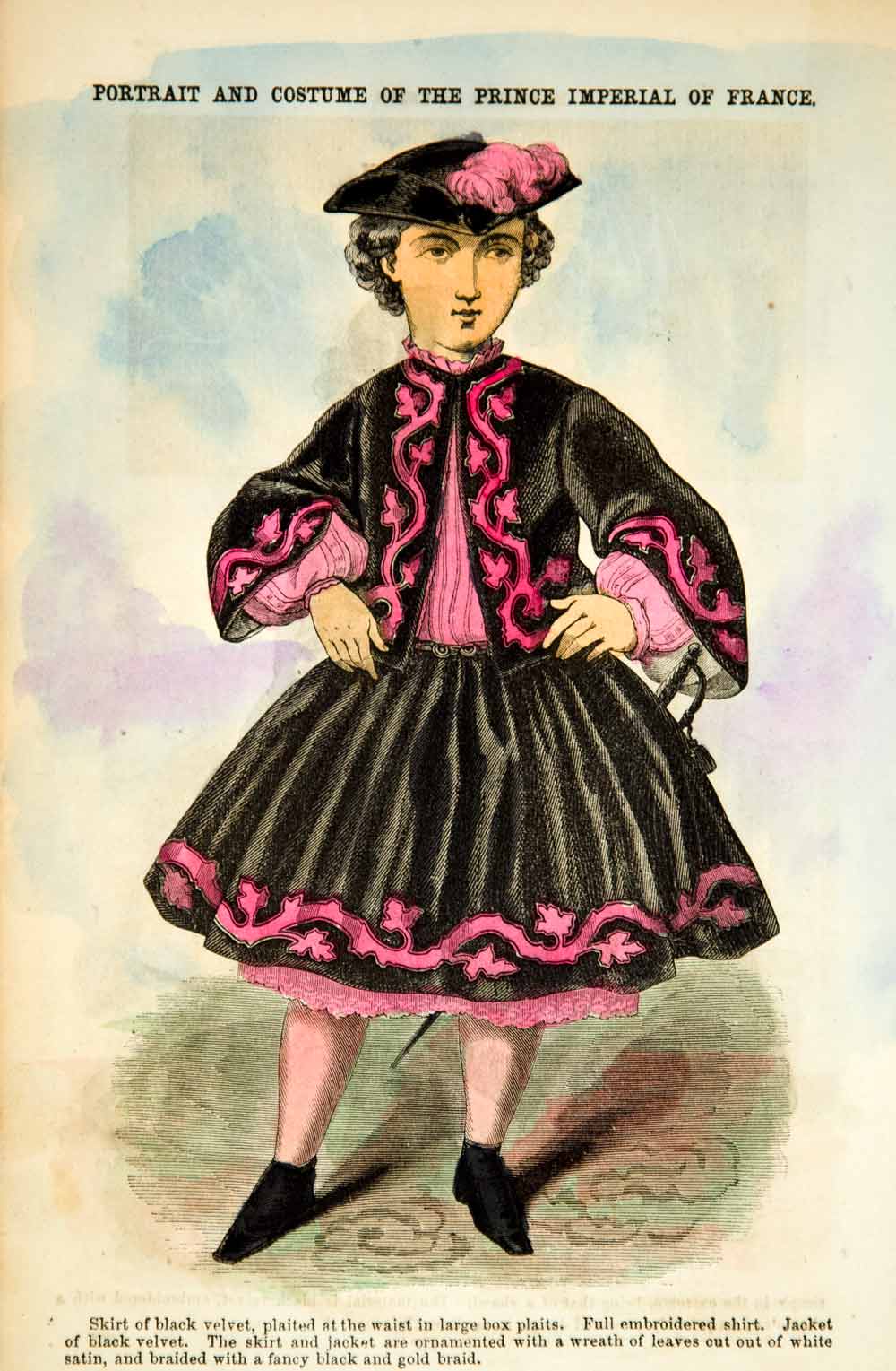 1862 Wood Engraving Prince Imperial France Child Costume Skirt Jacket YGLB1