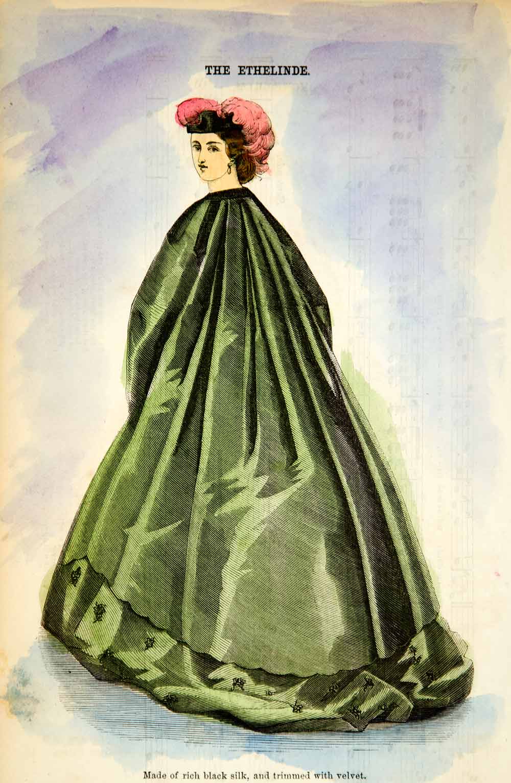 1862 Wood Engraving Victorian Lady Cloak Coat Ethelinde Godey's