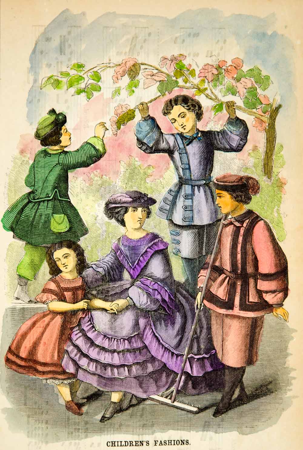 1862 Wood Engraving Victorian Children Clothing Dress Godeys Fashion Hand YGLB1