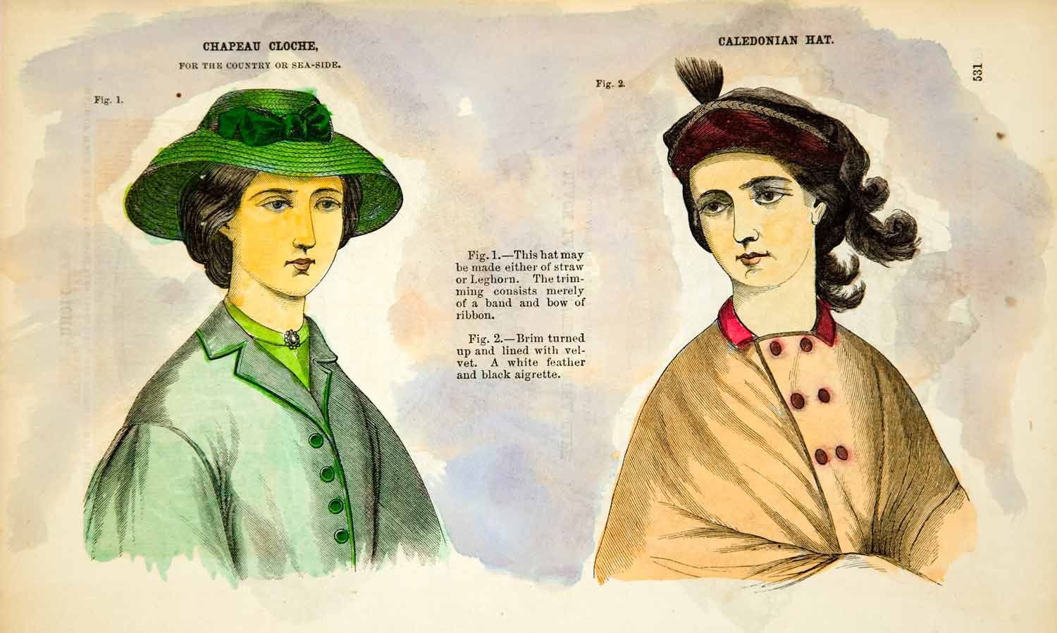 1862 Wood Engraving Victorian Lady Hat Straw Chapeau Cloche Godeys Fashion YGLB1