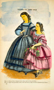 1862 Wood Engraving Victorian Girls Barege Dress Fashion Godey's Hand YGLB1