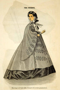 1862 Wood Engraving Victorian Lady Coat Wrap Passementerie Godey's Fashion YGLB1