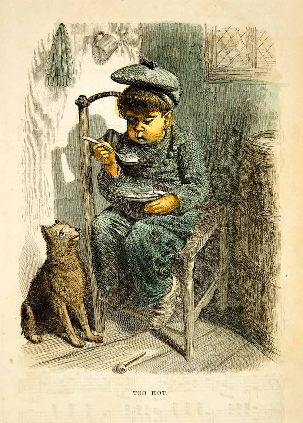 1862 Wood Engraving Victorian Child Boy Blowing Hot Soup Hungry Dog Hand YGLB1