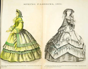 1862 Wood Engraving Victorian Spring Dresses Godey's Fashion Plate Hand YGLB1