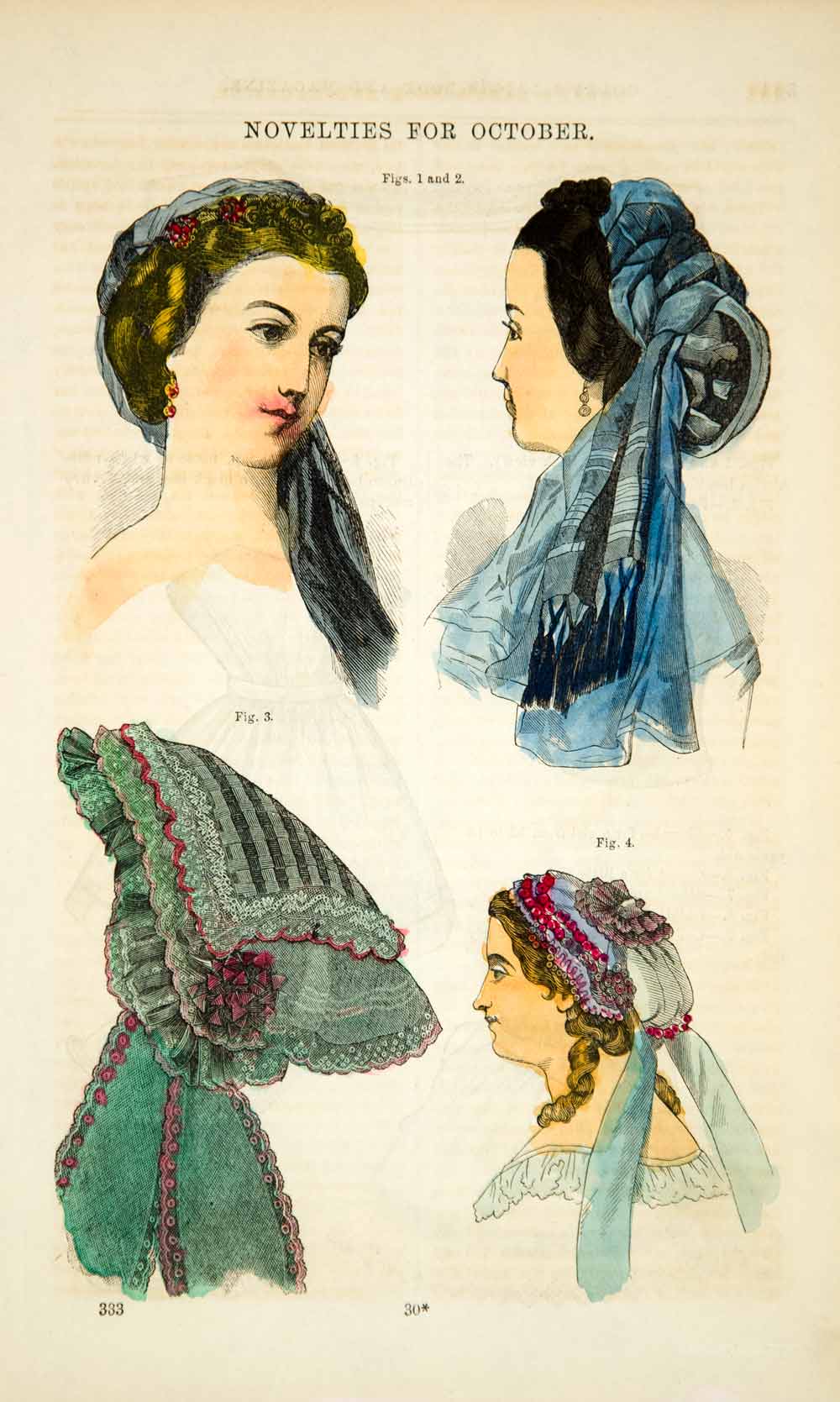 1862 Wood Engraving Victorian Fashion Almira Headdress Fauchon Breakfast YGLB1