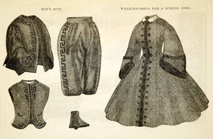 1862 Wood Engraving Victorian Children Clothing Boy's Suit Girl's Walking YGLB1