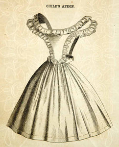 1862 Wood Engraving Victorian Apron Child Girl Antique Clothing Fashion YGLB1