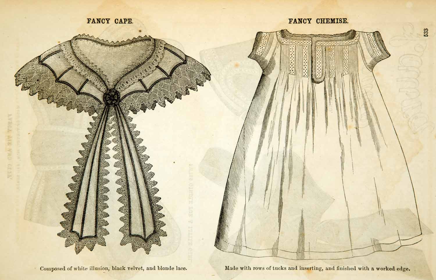 1862 Wood Engraving Victorian Lady Cape Fichu Chemise Lingerie Fashion YGLB1