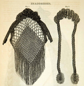 1862 Wood Engraving Victorian Headdress Crochet Valois Coiffure Style YGLB1
