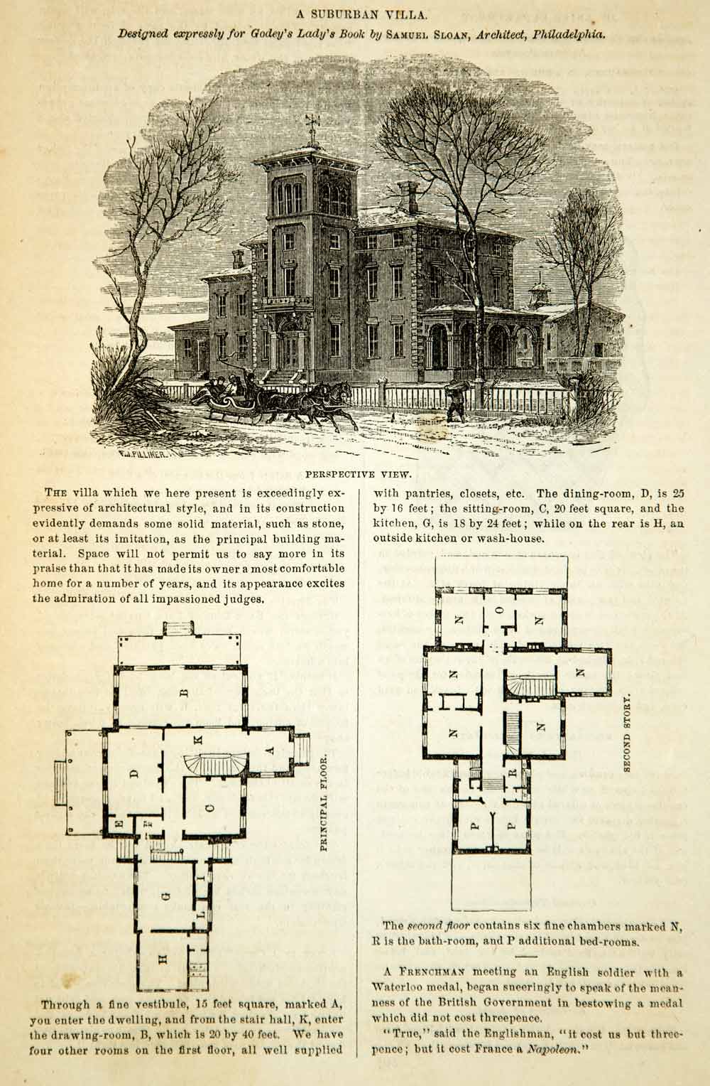 1862 Wood Engraving Victorian Architecture House Villa Floor Plans Samuel YGLB1