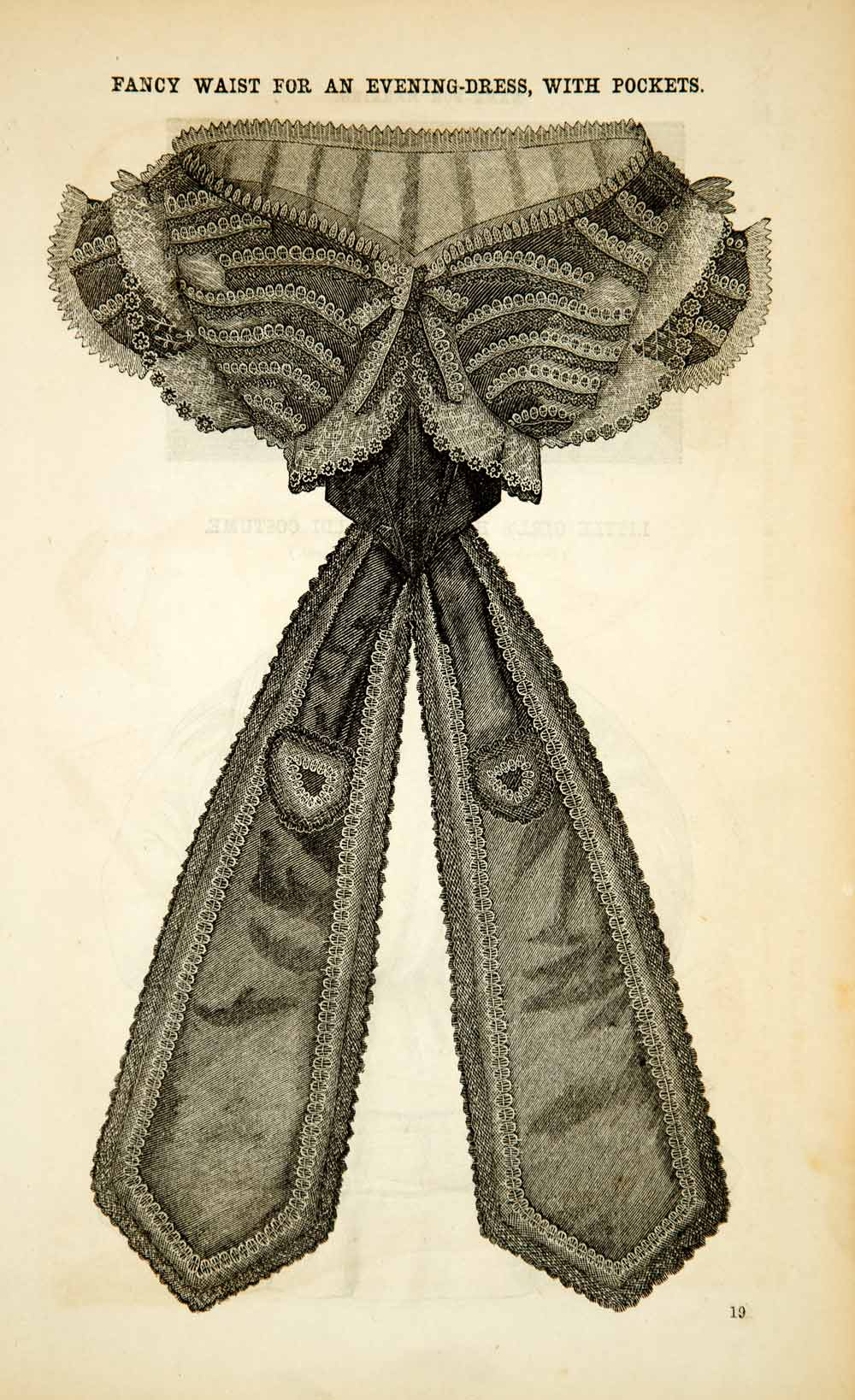 1862 Wood Engraving Victorian Fashion Evening Dress Waist Pockets Civil YGLB1