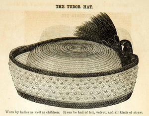 1862 Wood Engraving Victorian Lady Tudor Hat Fashion Straw Felt Velvet YGLB1