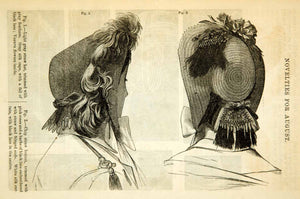 1862 Wood Engraving Victorian Straw Hat Bonnet Lady Fashion Civil War Era YGLB1