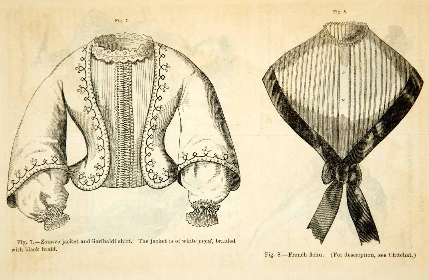 1862 Wood Engraving Victorian Lady Fashion Zouave Jacket Galibaldi Shirt YGLB1
