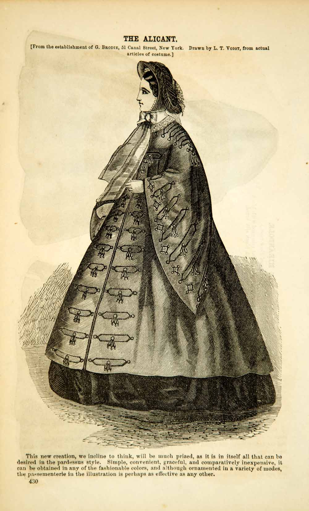 1862 Wood Engraving Victorian Lady Pardessus Overcoat Coat Civil War Era YGLB1