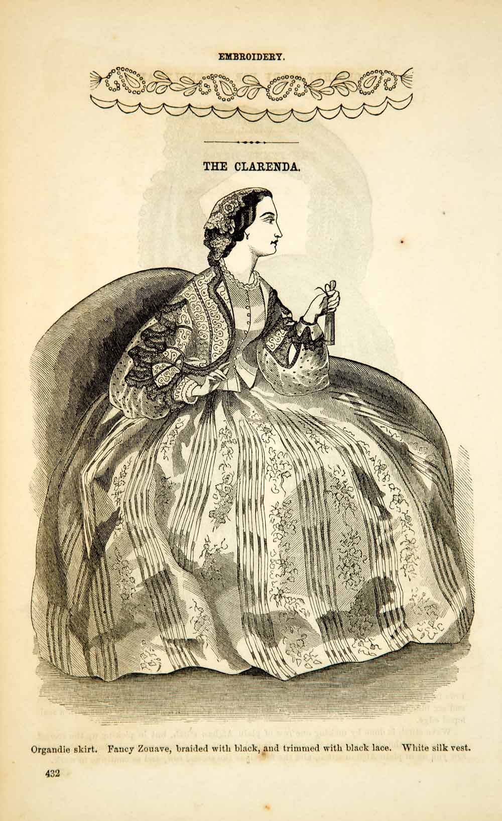 1862 Wood Engraving Victorian Lady Dress Fashion Zouave Jacket Vest Civil YGLB1