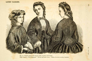 1862 Wood Engraving Victorian Godey's Fashion Women Coat Vest Espagnol YGLB1