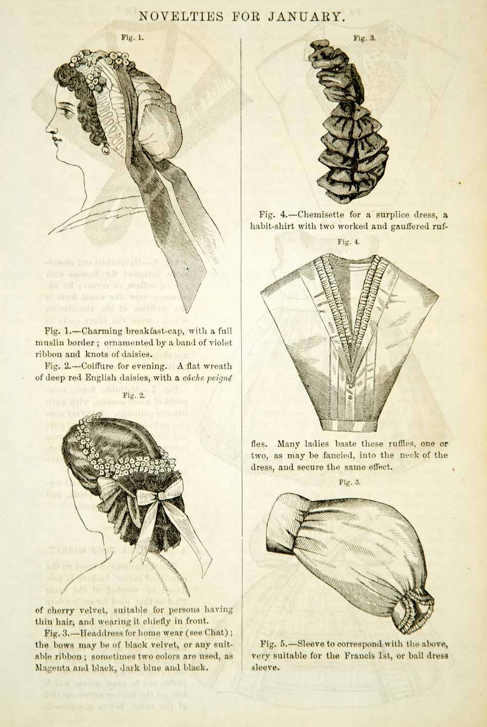 1862 Wood Engraving Victorian Fashion Lady Breakfast Cap Coiffure Child's YGLB1