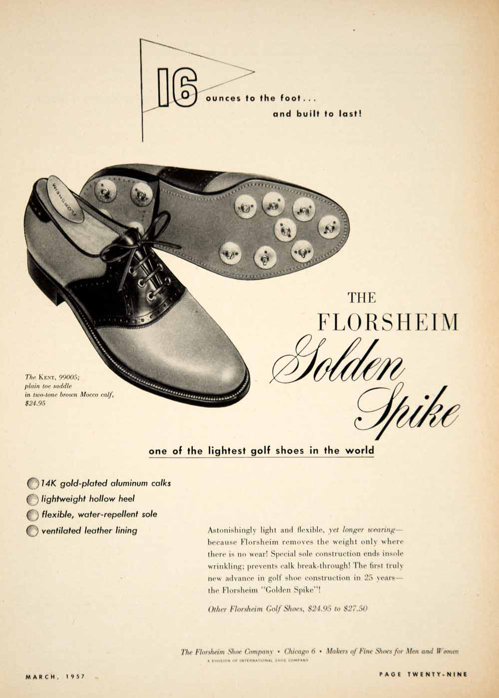 1957 Ad Florsheim Shoes Golden Spike Golf Kent Saddle Sporting Goods YGM1