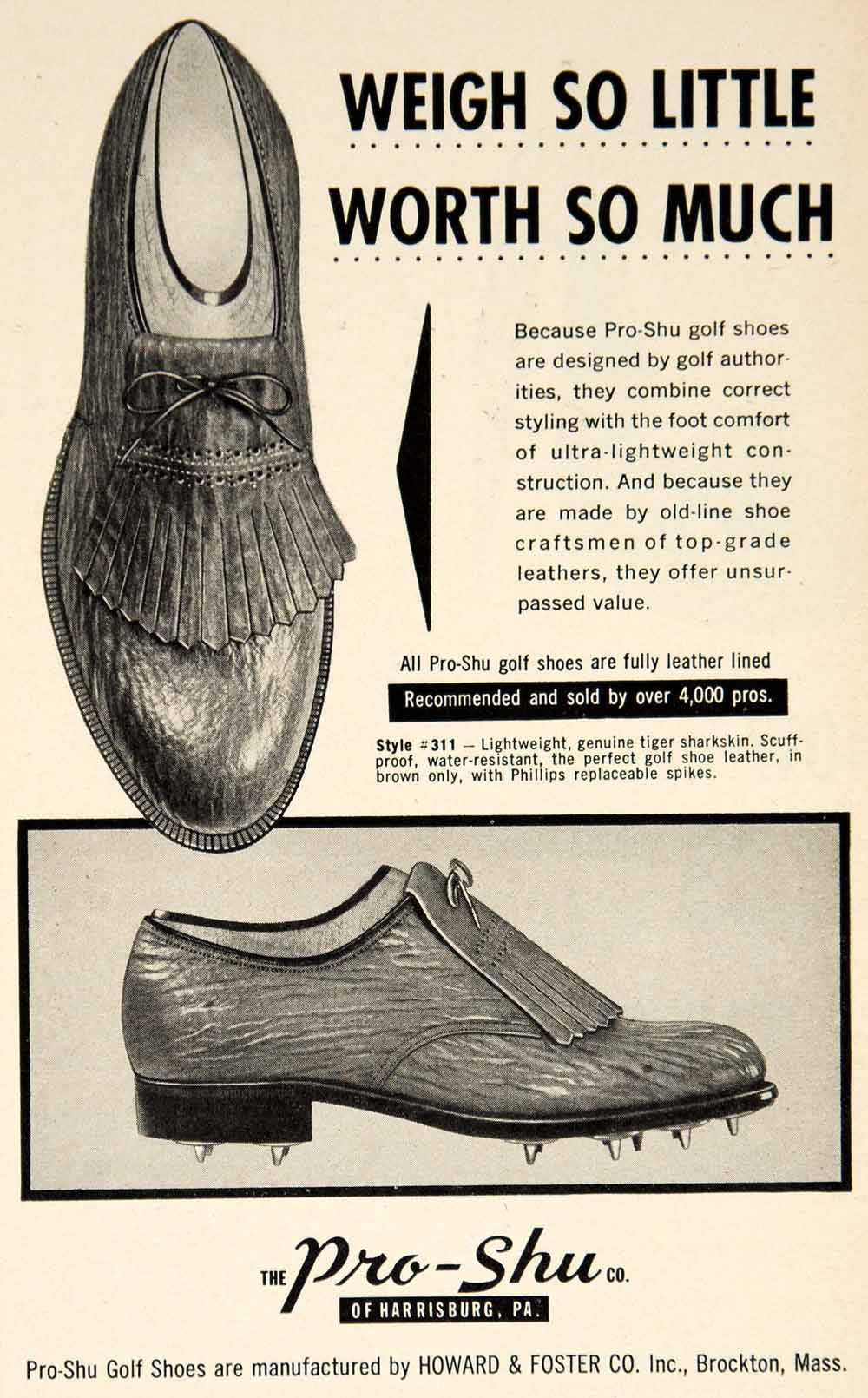 1957 Ad Pro-Shu Golf Shoes Howard & Foster Brockton MA Style 311 Spikes YGM1
