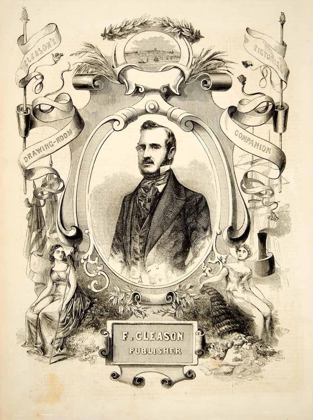 1852 Wood Engraving Art Frederick Gleason's Pictorial Publisher Portrait YGP1