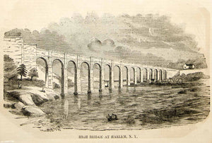 1851 Wood Engraving High Aqueduct Bridge Harlem River Bronx Manhattan NYC YGP1