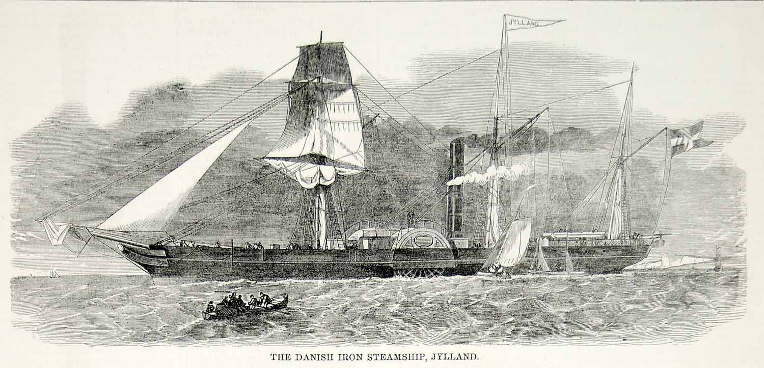1851 Wood Engraving Art Jylland Danish Steam Frigate Sailing Ship Nautical YGP1