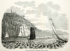 1851 Wood Engraving Art Pillar Pilot Rock Columbia River Washington WA Boat YGP1