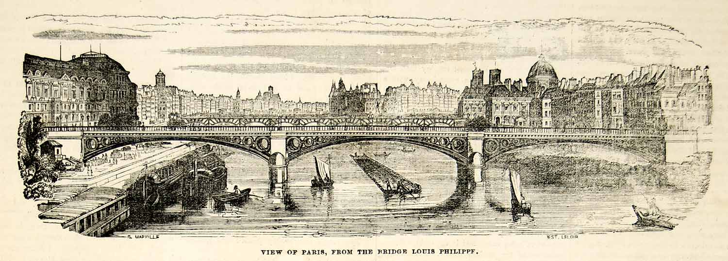 1852 Wood Engraving Pont Louis-Philippe Bridge River Seine Paris France Art YGP1