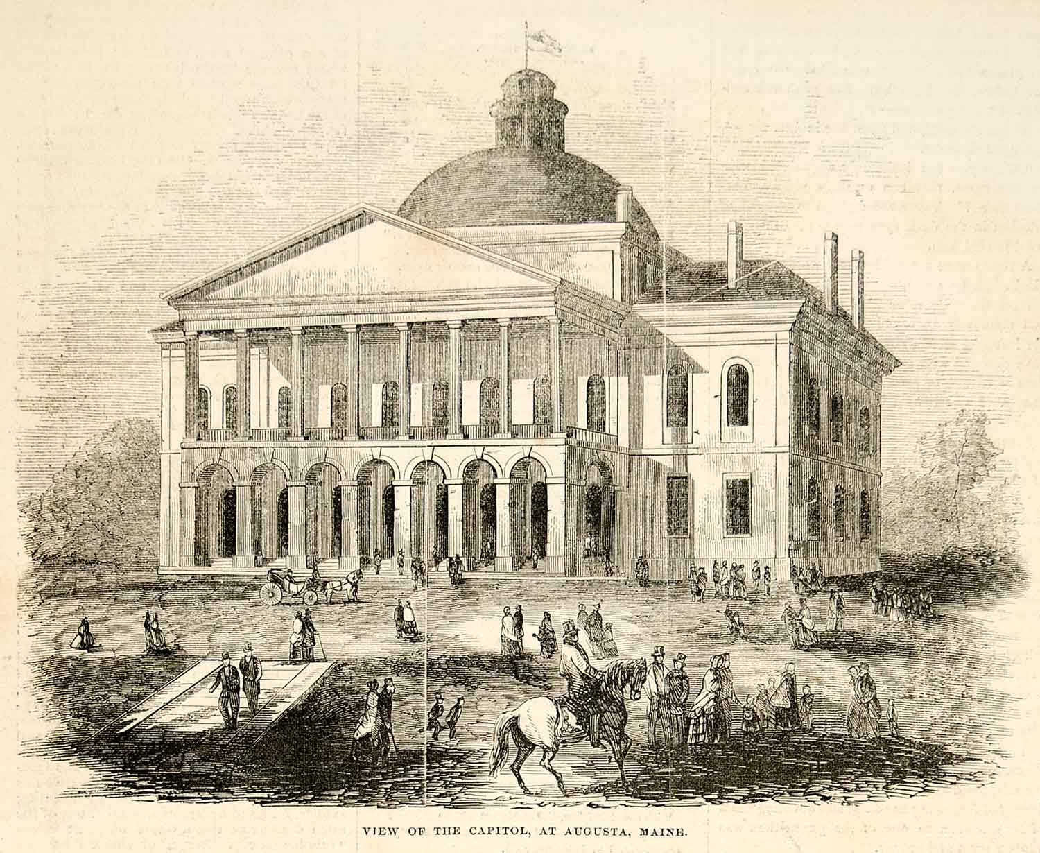 1852 Wood Engraving Art Maine State House Augusta ME Architecture Capitol YGP1