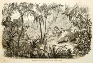 1852 Wood Engraving Art Bengal Tiger Hunting India Asia Sportsman Animals YGP1