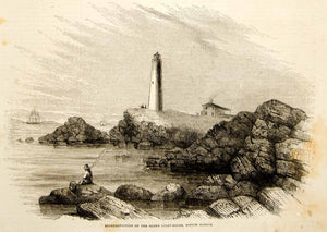 1852 Wood Engraving Art Little Brewster Island Lighthouse Boston Harbor MA YGP1