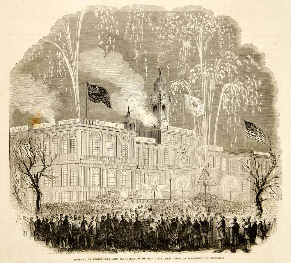 1852 Wood Engraving NYC Hall Manhattan Fireworks George Washington Birthday YGP1