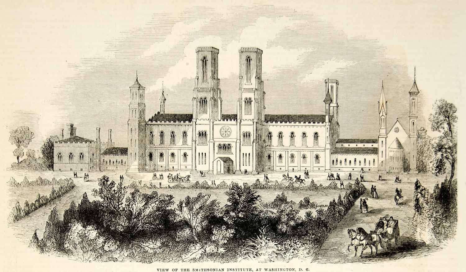 1852 Wood Engraving Smithsonian Institution Building Castle Washington DC YGP1