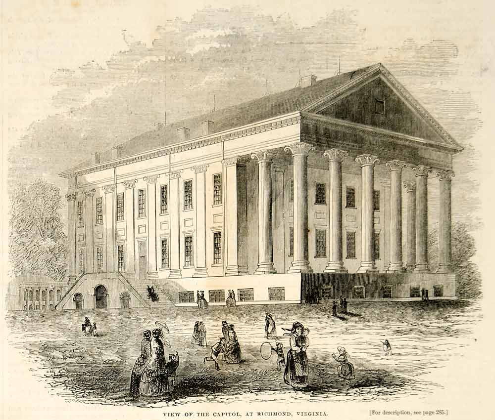 1852 Wood Engraving Art Virginia State Capitol Richmond VA Architecture YGP1