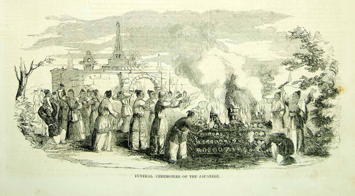 1852 Wood Engraving Art Japanese Funeral Pyre Ceremony Asia Oriental J ...