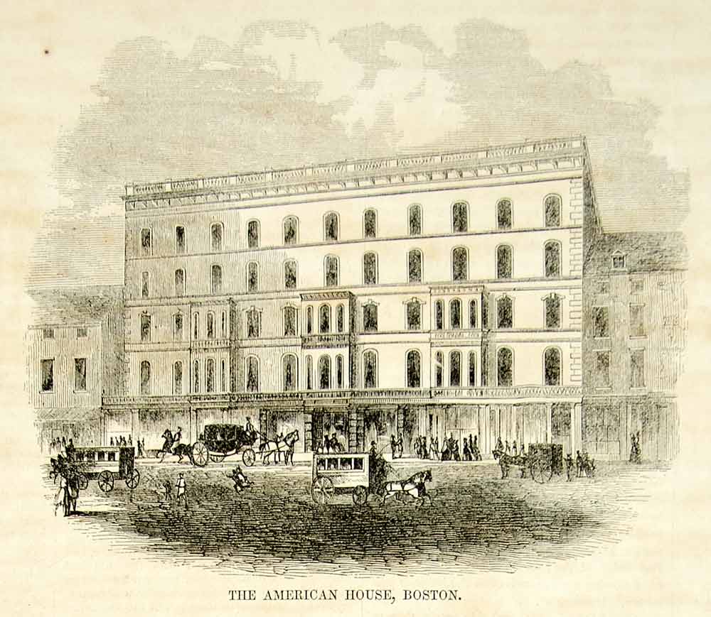 1852 Wood Engraving Art American House Hotel Hanover St Boston MA Cityscape YGP2