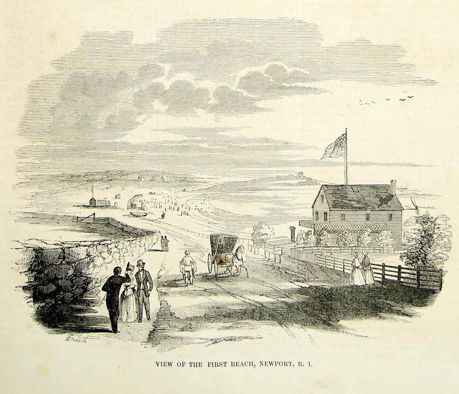 1852 Wood Engraving Chapin Art First Beach Newport Rhode Island Cityscape YGP2