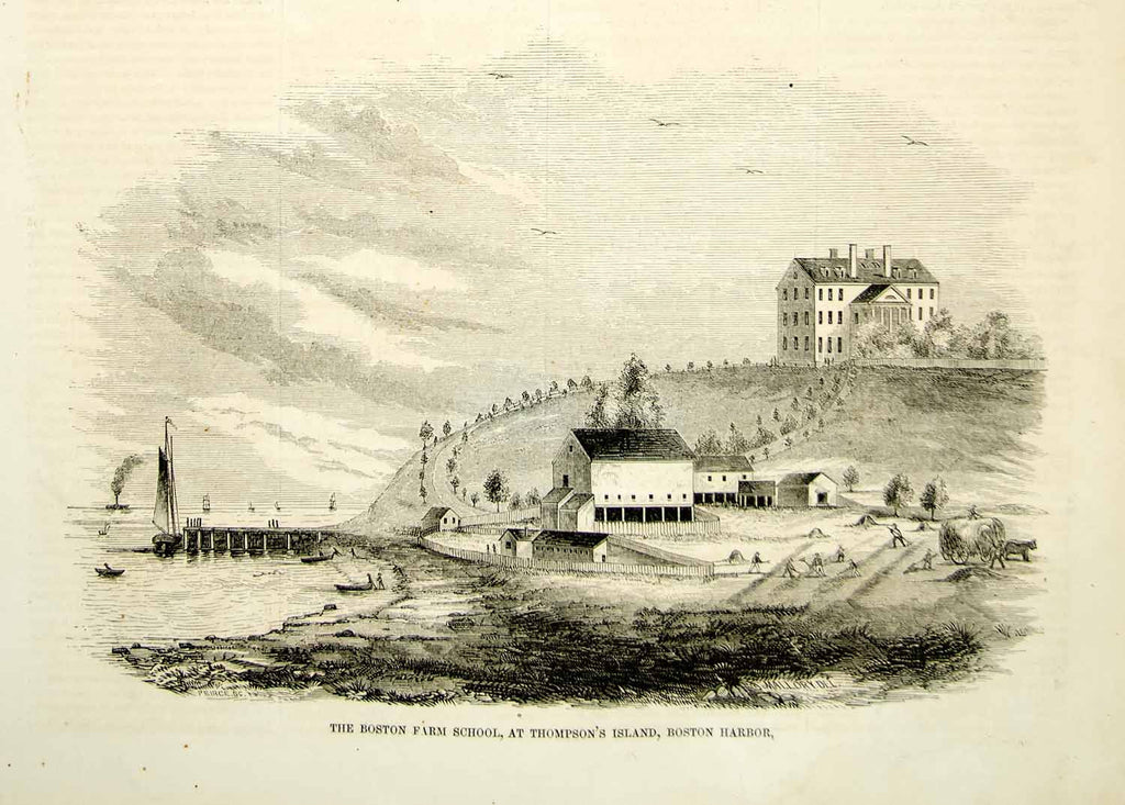 1852 Wood Engraving Mallory Art Boston Farm Trade School Thompson Island MA YGP2 - Period Paper
