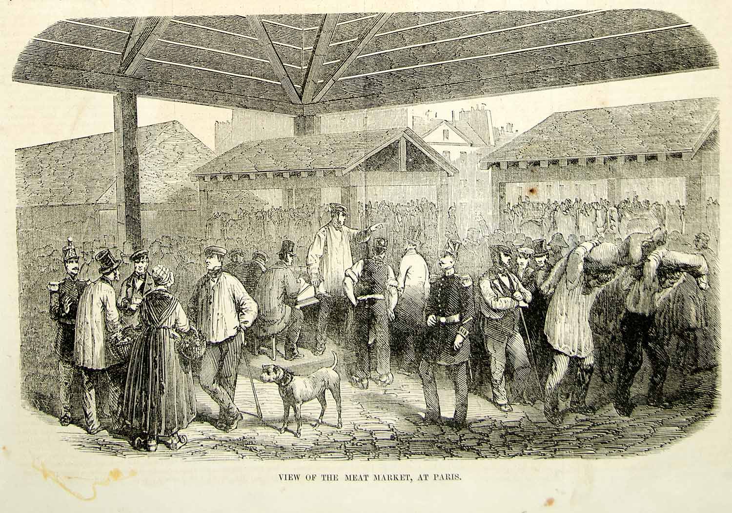 1852 Wood Engraving Art Meat Market des Prouvaires Paris France Europe City YGP2
