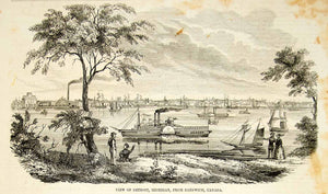 1852 Wood Engraving Art Detroit Michigan City Steamboat Mayflower River YGP2