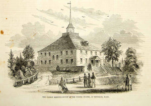 1852 Wood Engraving Art Old Ship Church Meetinghouse Hingham MA Puritan YGP2