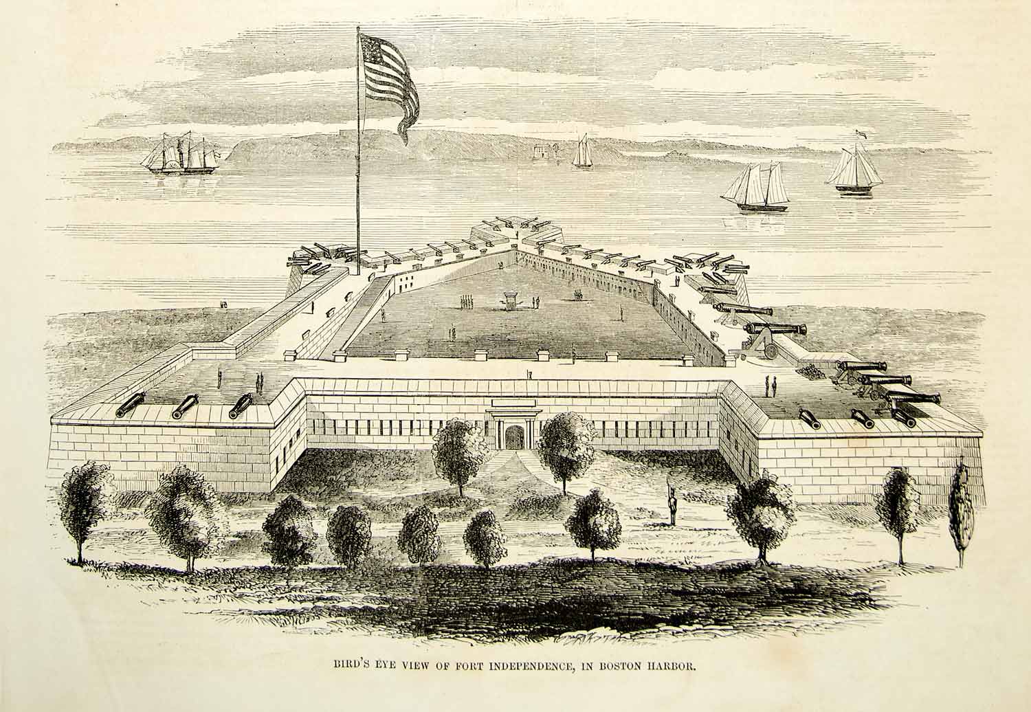 1852 Wood Engraving Art Star Ft Independence Castle Island Boston Harbor MA YGP2