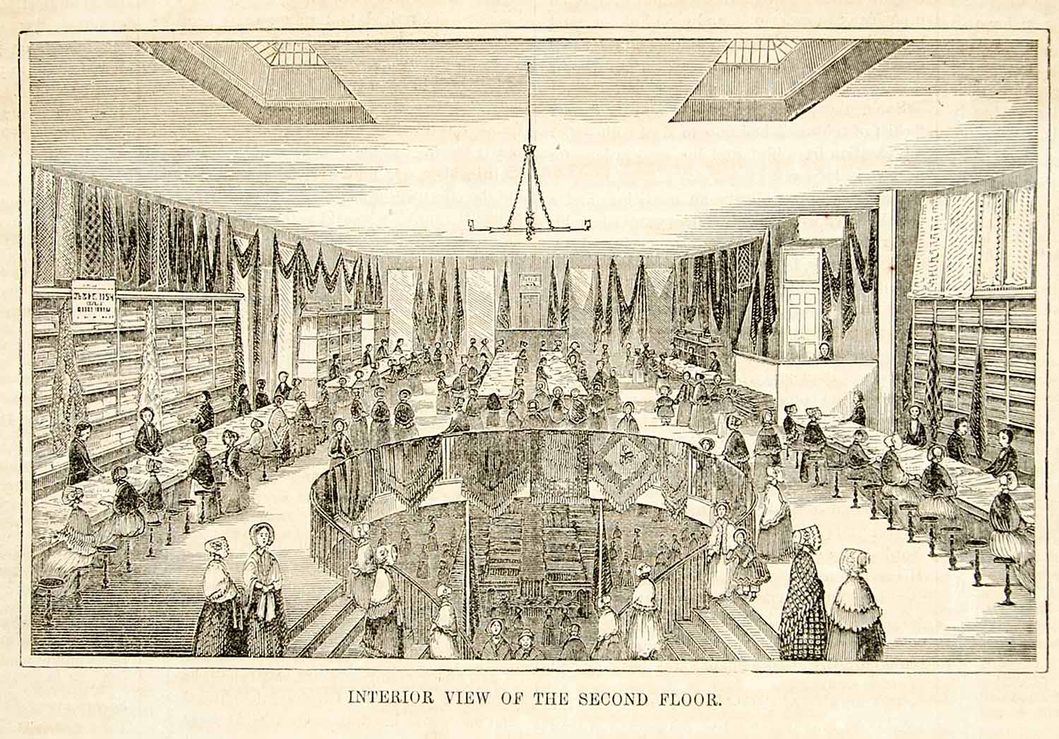 1852 Wood Engraving Art Interior 2nd Floor Hill Lincoln Geer Store Boston YGP2