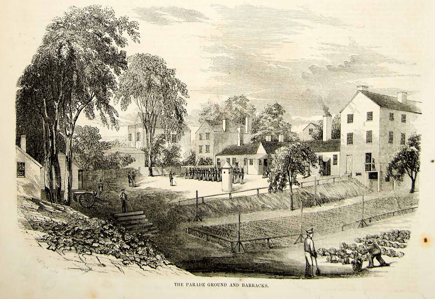 1852 Wood Engraving Art Charlestown Navy Yard MA Parade Ground Barracks YGP2
