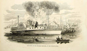 1852 Wood Engraving Art Explosion Steamboat Reindeer Hudson River Nautical YGP2