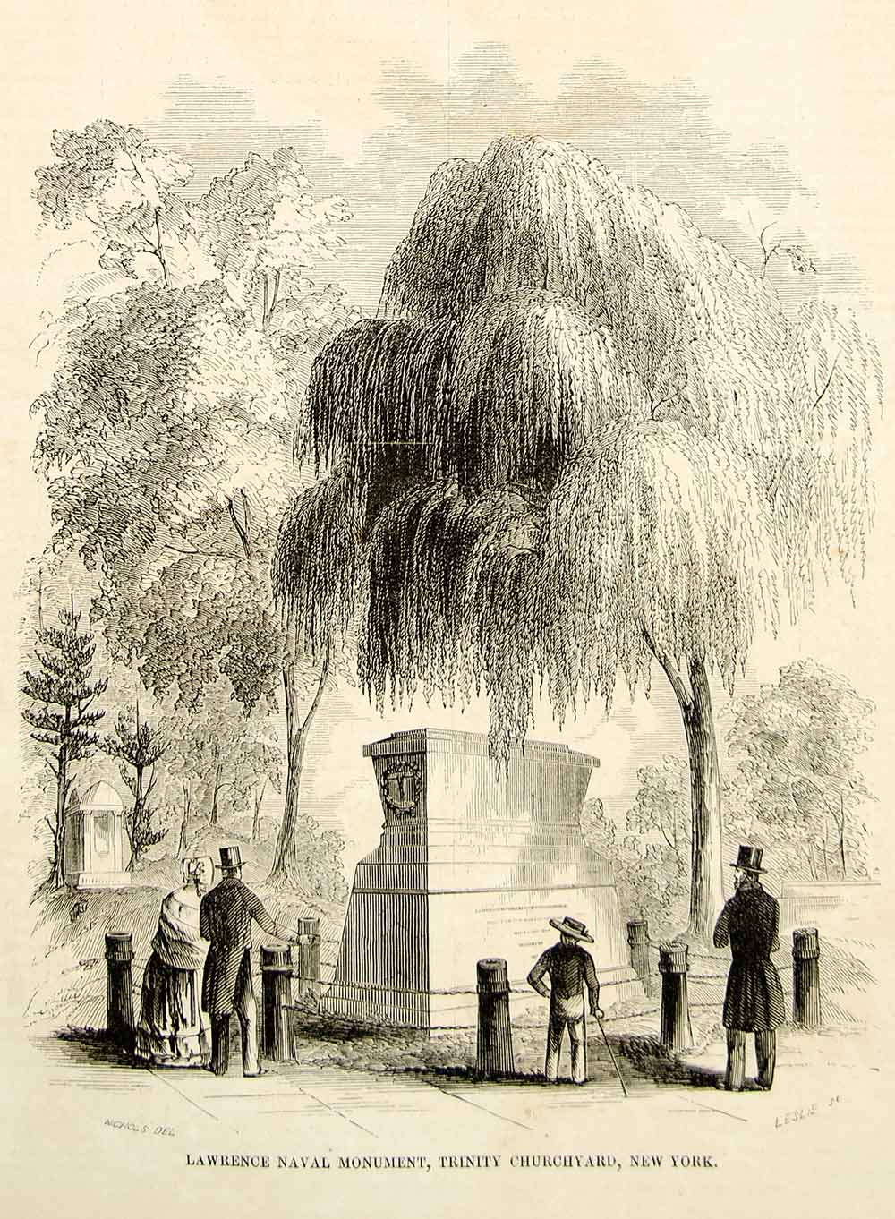 1852 Wood Engraving Art James Lawrence Naval Monument Trinity Church NYC YGP2