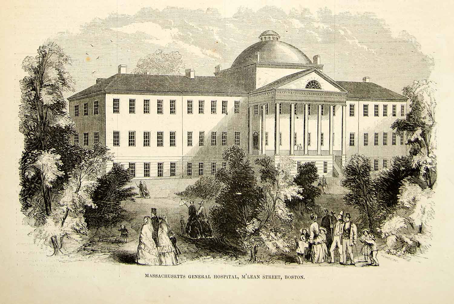1852 Wood Engraving Bullfinch Building Massachusett General Hospital Boston YGP2